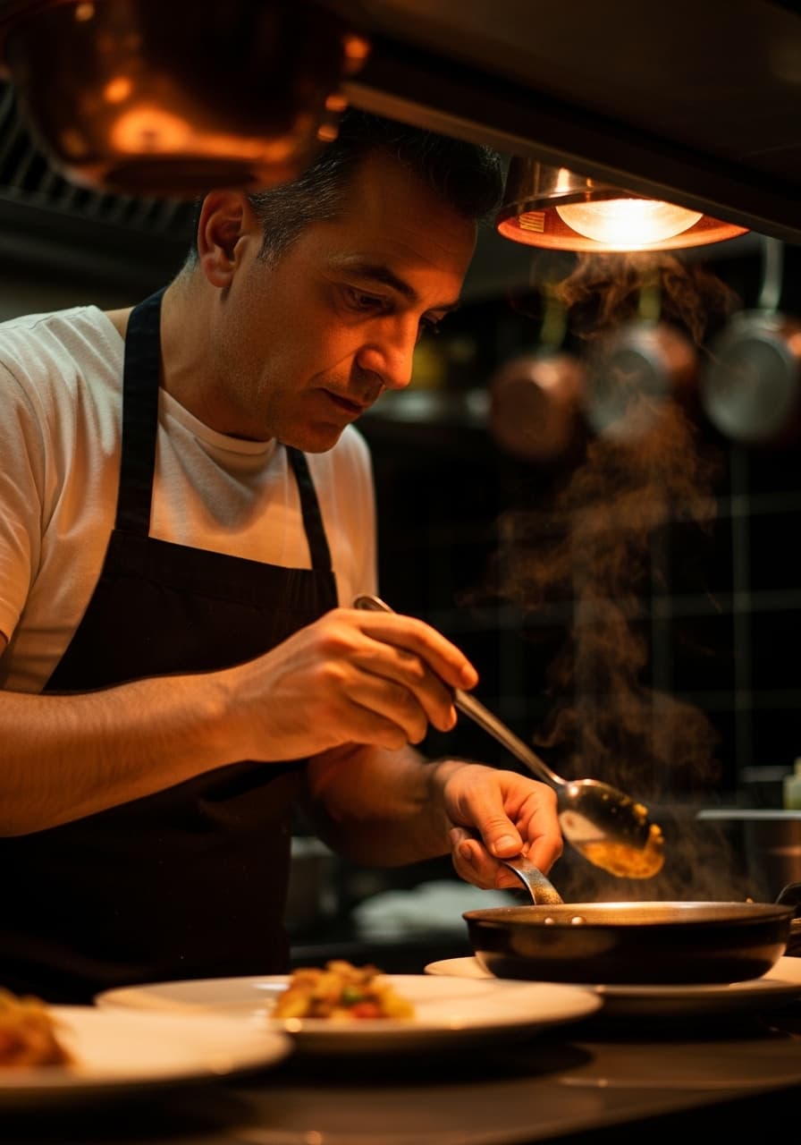 Cuoco di trattoria al lavoro in cucina, luce calda di servizio