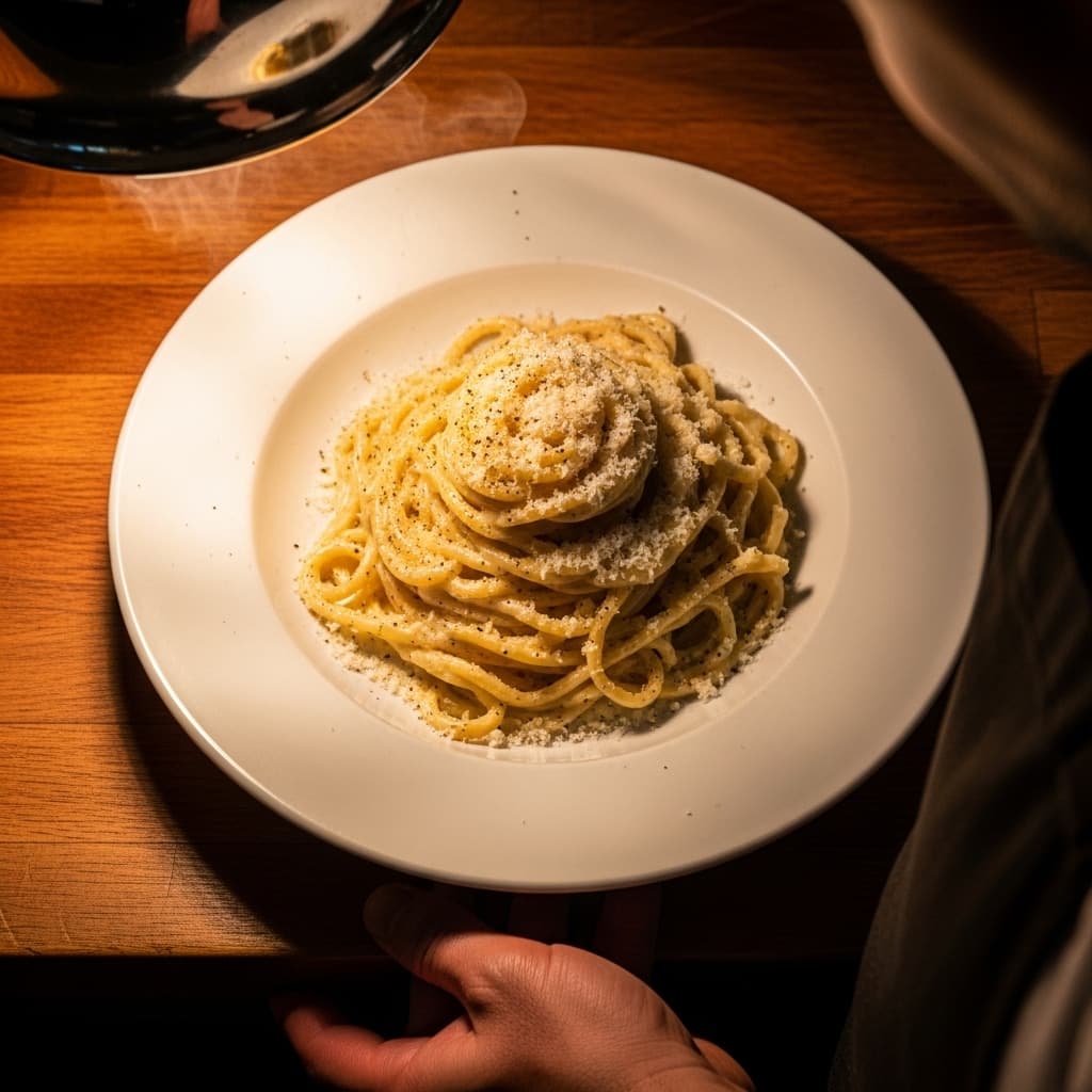 Tonnarelli cacio e pepe impiattati al banco di una trattoria