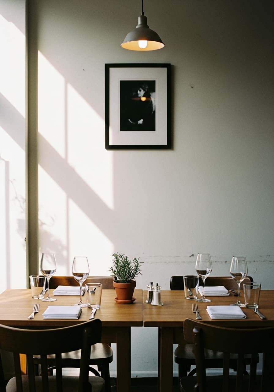 Sala di trattoria apparecchiata prima del servizio, tovaglie bianche e luce naturale