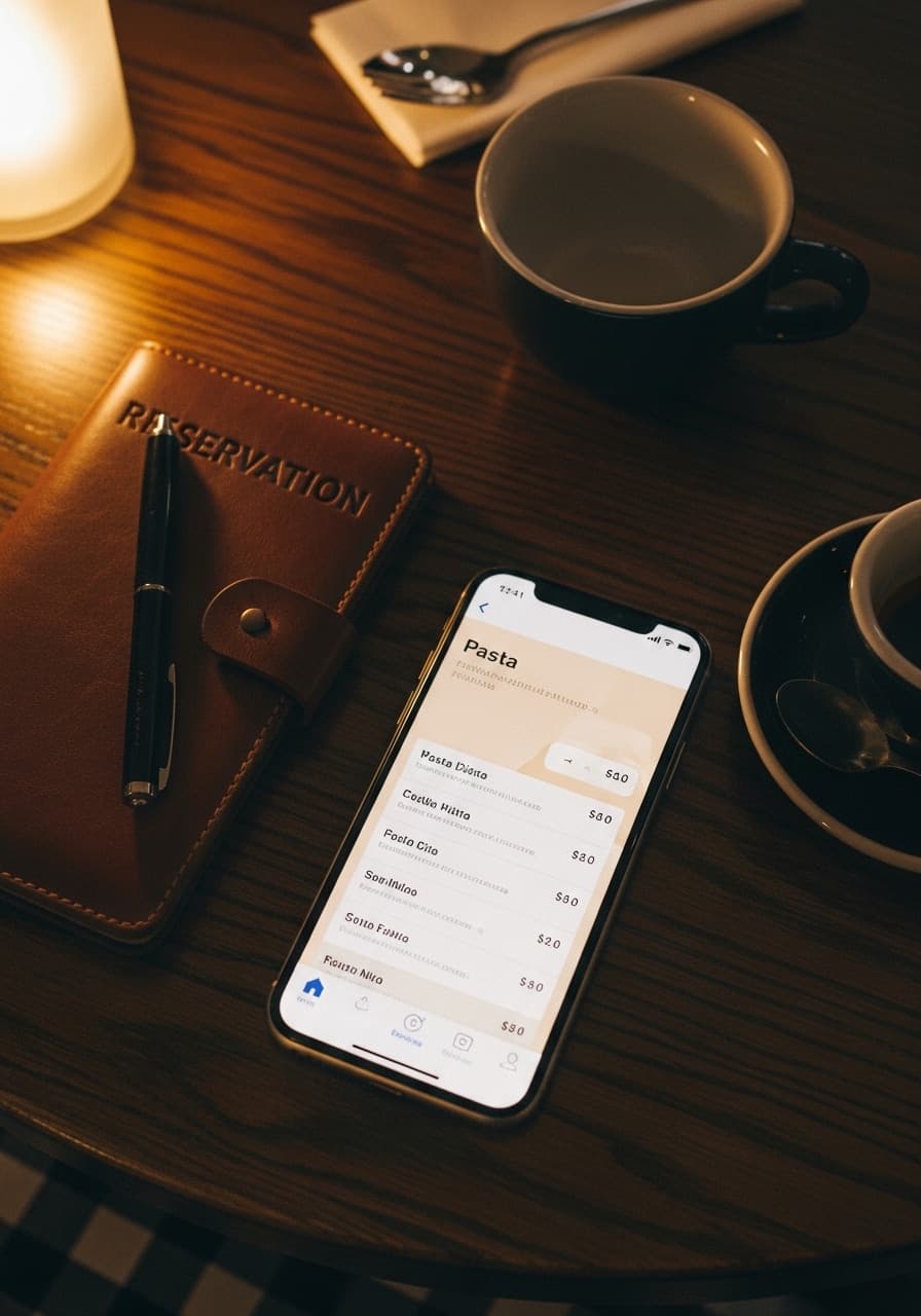 Smartphone su tavolo da ristorante con il menu del locale aperto