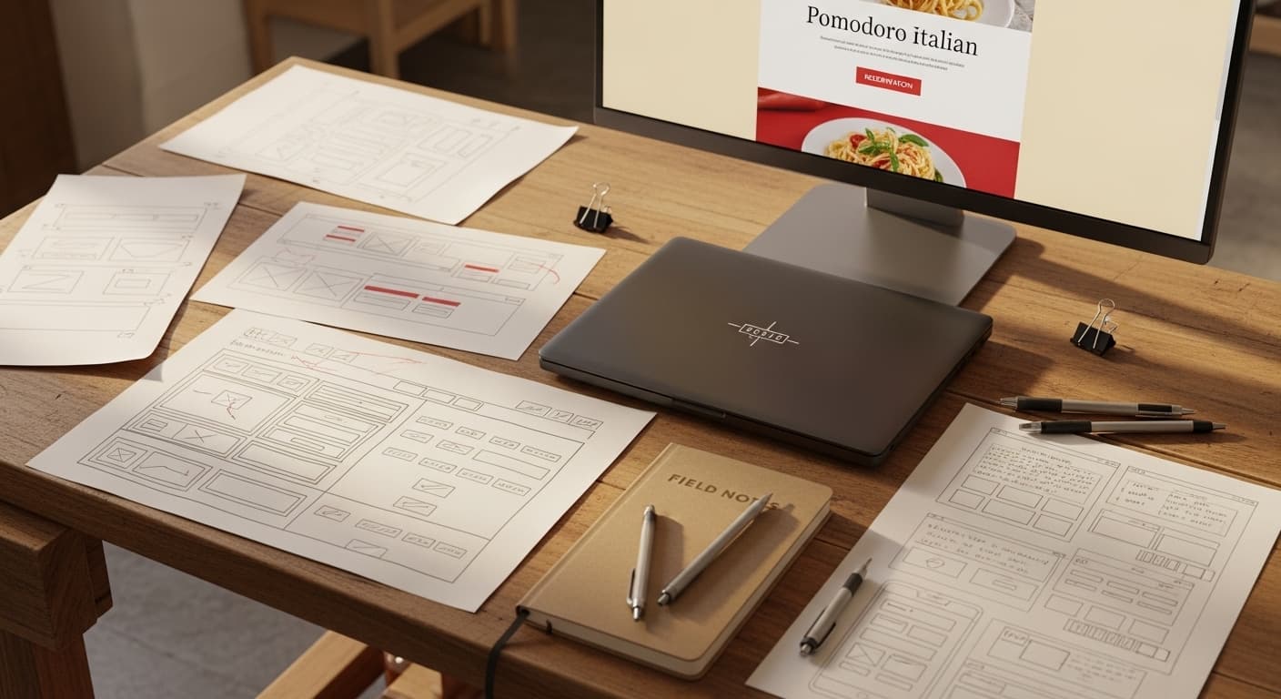 Banco di lavoro · sketch a matita dell'impaginazione, laptop con l'anteprima del sito di una trattoria, swatch pomodoro su carta cream.